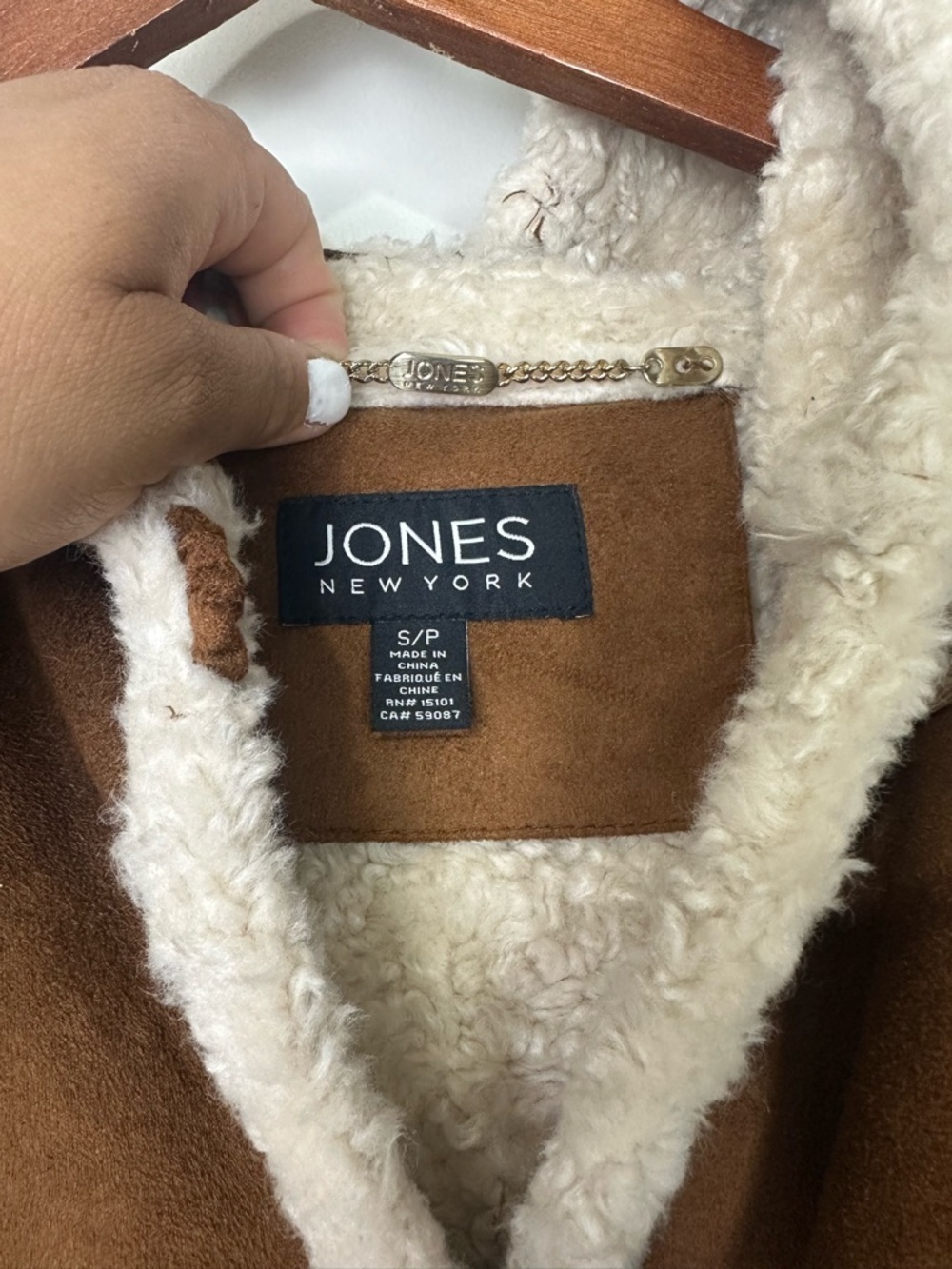 Jones New York Brown Suede-Look Hooded Trench Coat with Cream Sherpa Trim - Picture 3 of 3